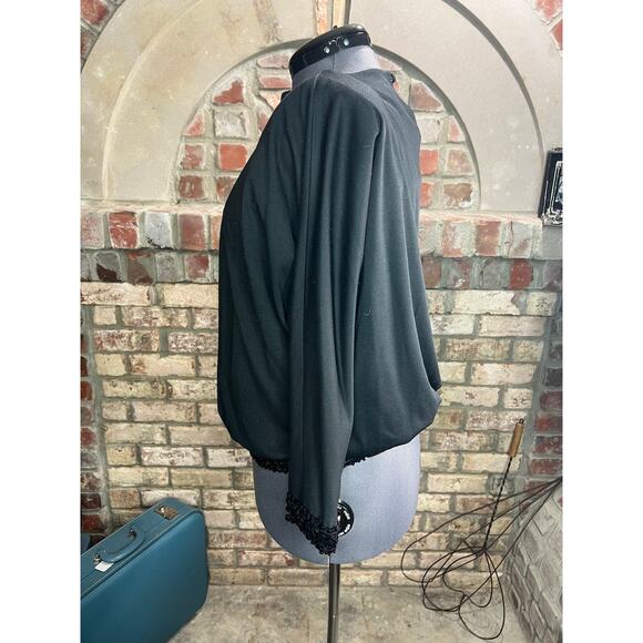 Blouse black sequin hem cuffs shoulder pads 1980s glam - Picture 4 of 8